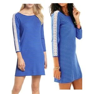 Lilly Pulitzer XXS Marlowe Sweater Dress Blue Striped Ribbed Crochet 3/4 Sleeve‎